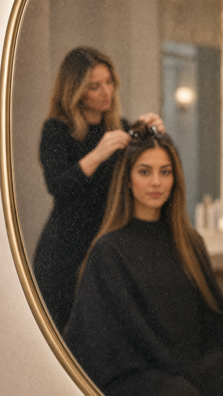 Dusty mirror hair extension reflection