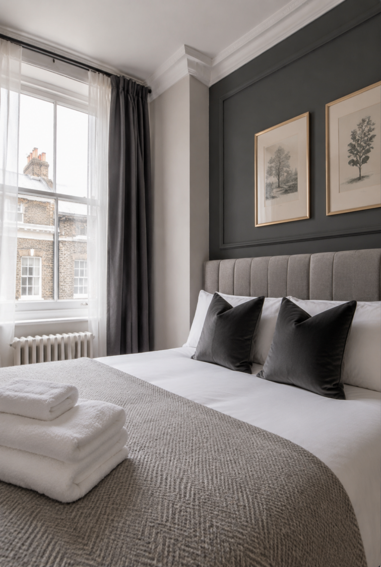 English townhouse bedroom with folded towels