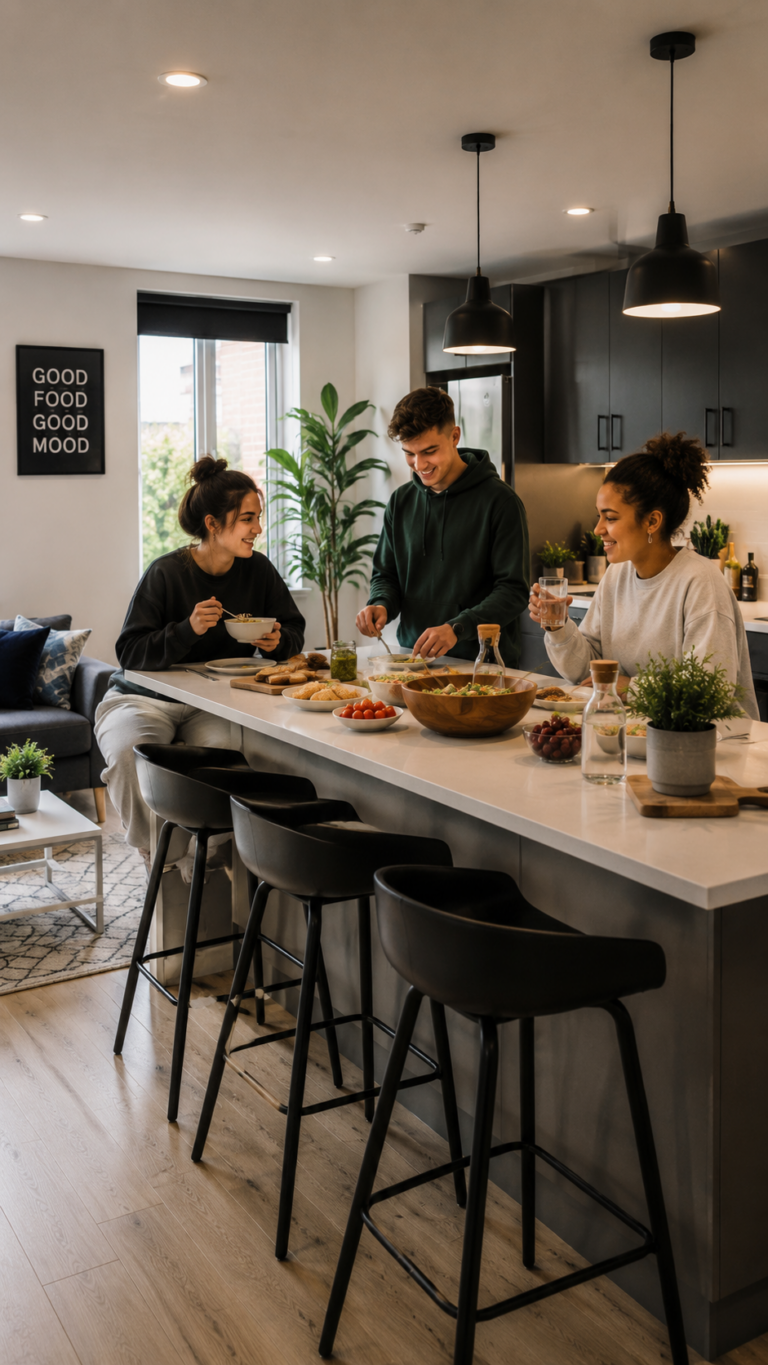 Friends Sharing a Meal in a Modern Kitchen