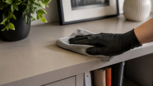 Gloved Hand Cleaning a Cabinet Shelf