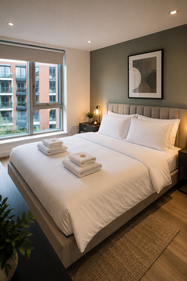 Modern Bedroom with Folded Towels