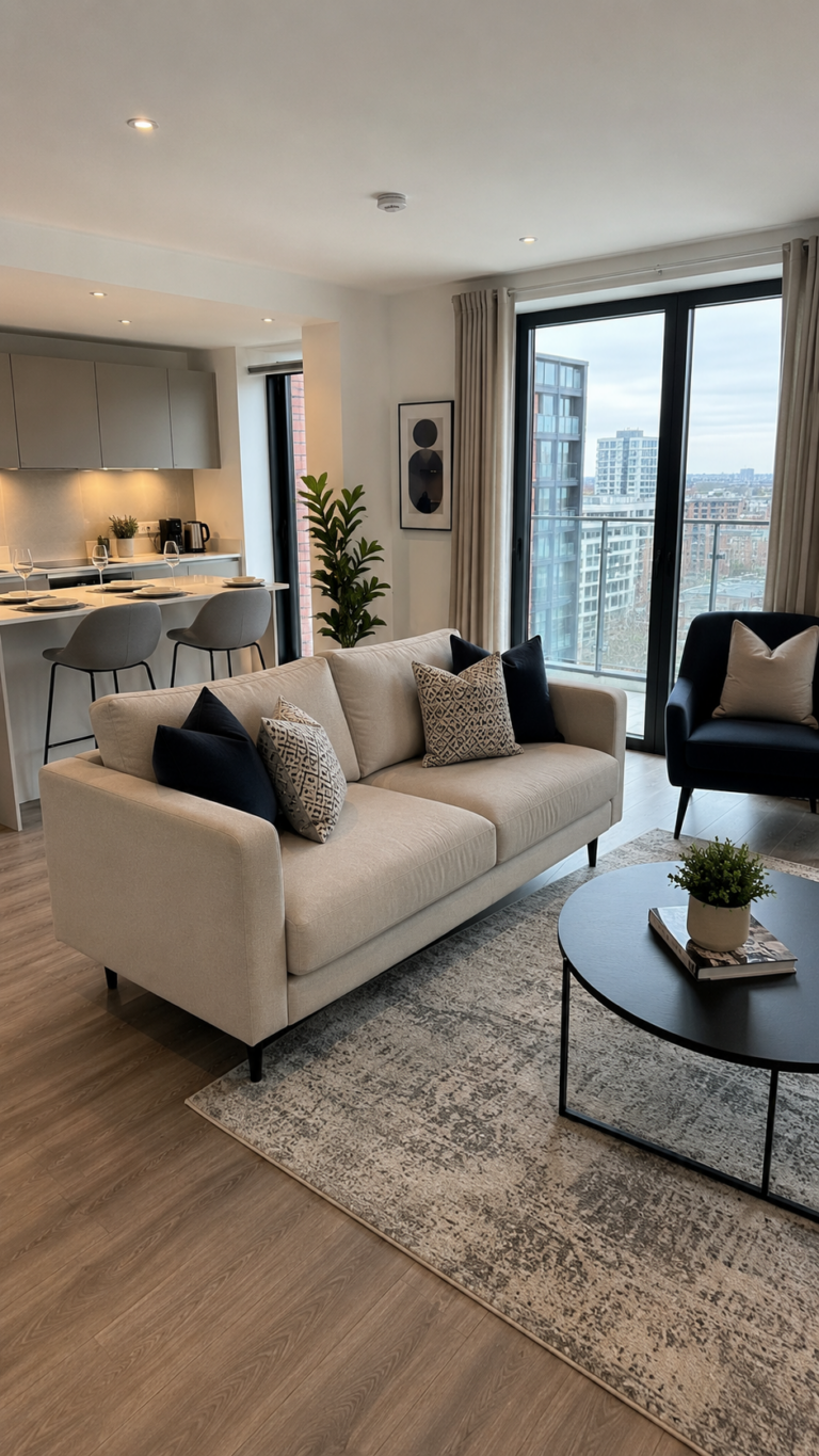 Modern Scandinavian Living Room with City Views
