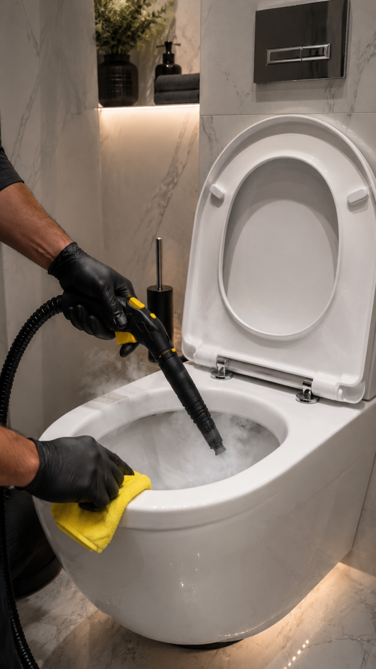 Steam Cleaning a Modern Marble Bathroom Toilet